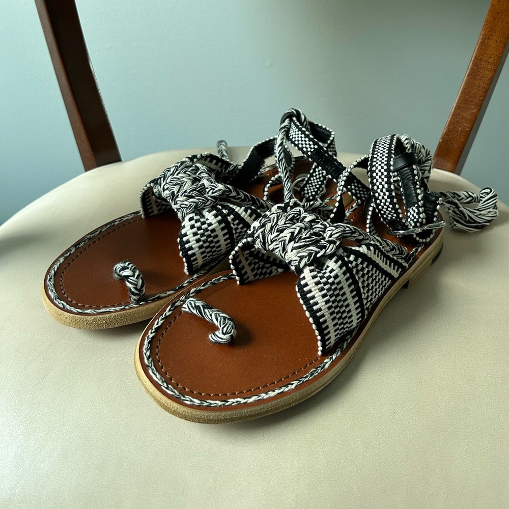 Amambaih black and white leather and woven tie strap sandals - size 8